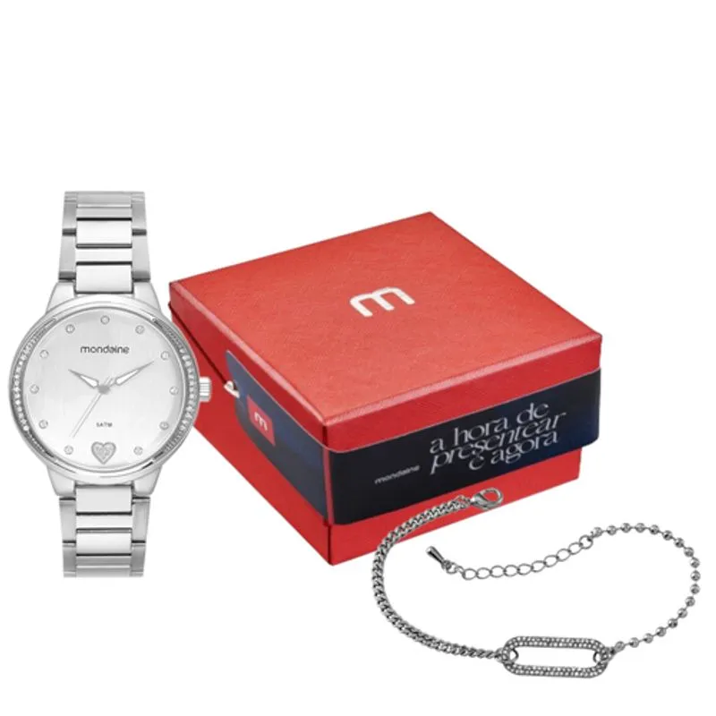 Kit Relógio Feminino Cristais Prata Com Pulseira