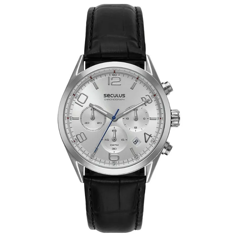 Relógio Masculino Cronógrafo Vidro Abaulado Couro Prata Séculus 4CM