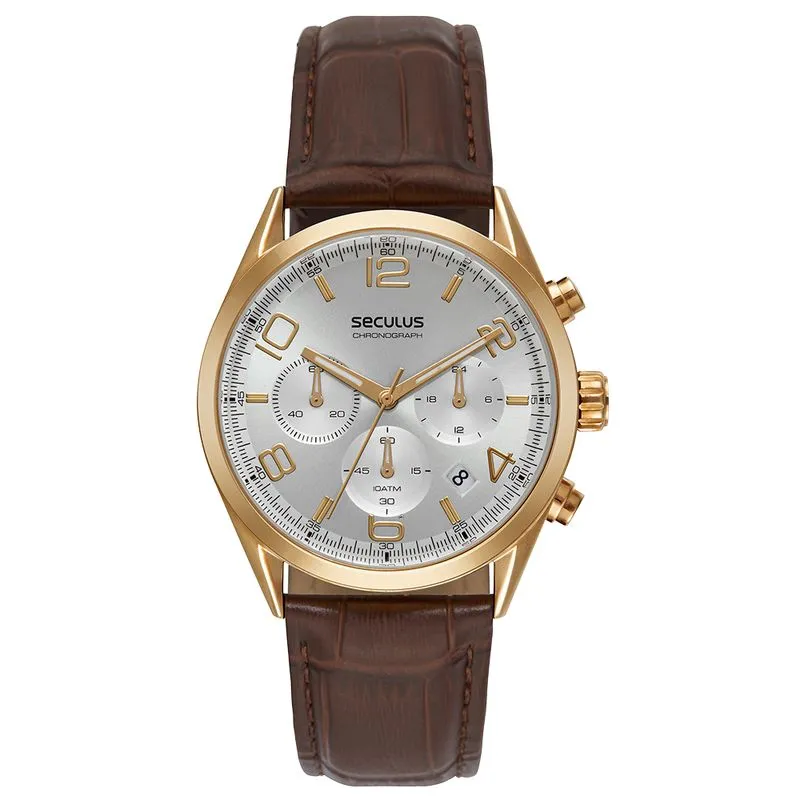 Relógio Masculino Cronógrafo Vidro Abaulado Couro Dourado
