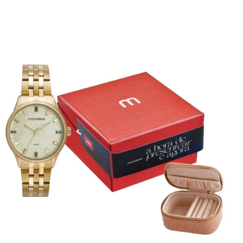 Kit Relógio Feminino Glitter Dourado Com Porta Joias Mondaine