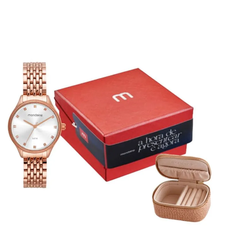 Kit Relógio Feminino Cristais Rosé com Porta Jóias