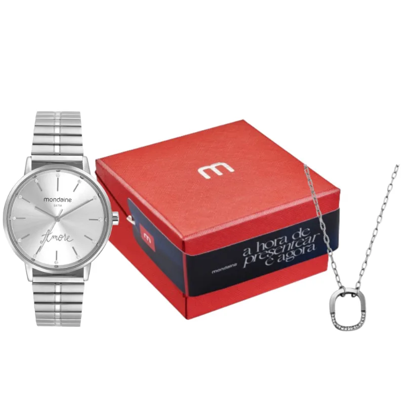 Kit Relógio Feminino Cristais Prata Com Colar