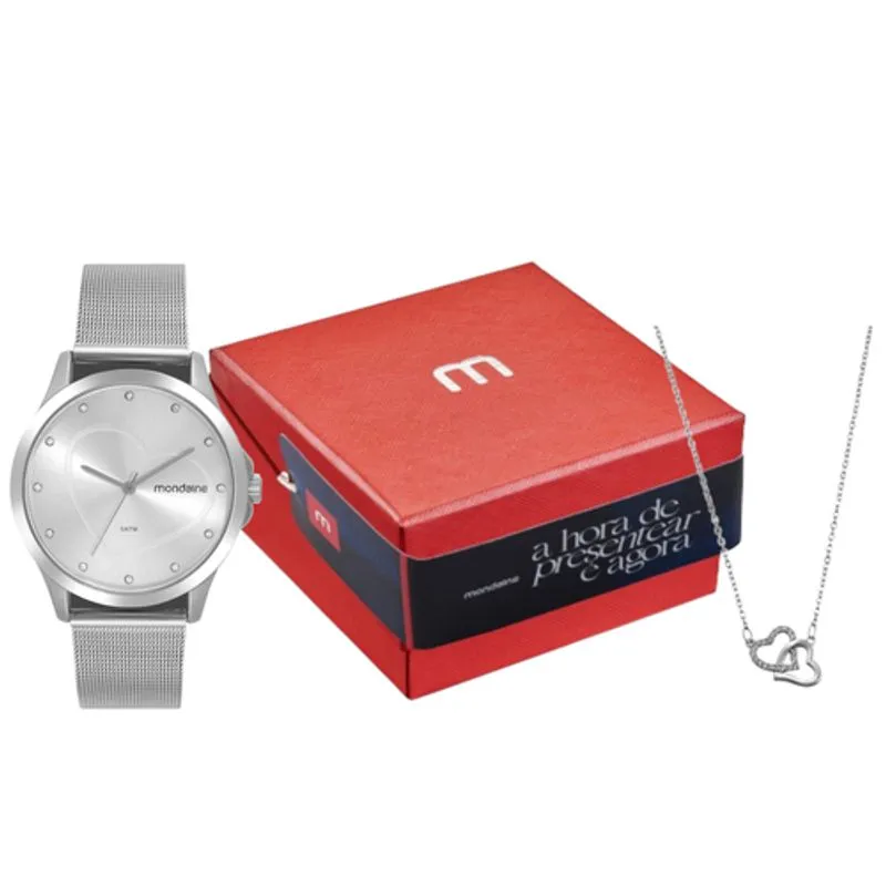 Kit Relógio Feminino Malha de Aço Prata Com Colar