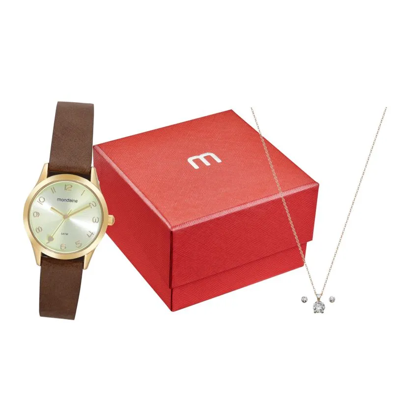Kit Relógio Feminino Dourado Com Colar e Brinco Ponto de Luz