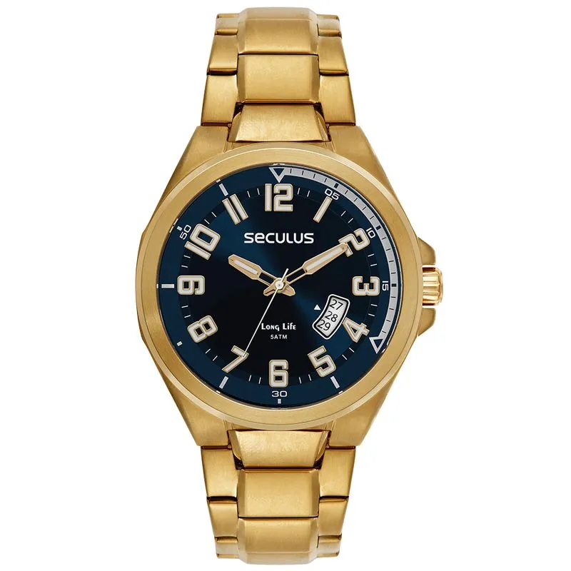 Relógio Masculino Aço Aro em Declive Dourado