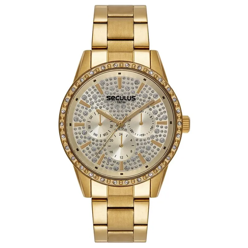 Relógio Feminino Multifunção Cristais Dourado