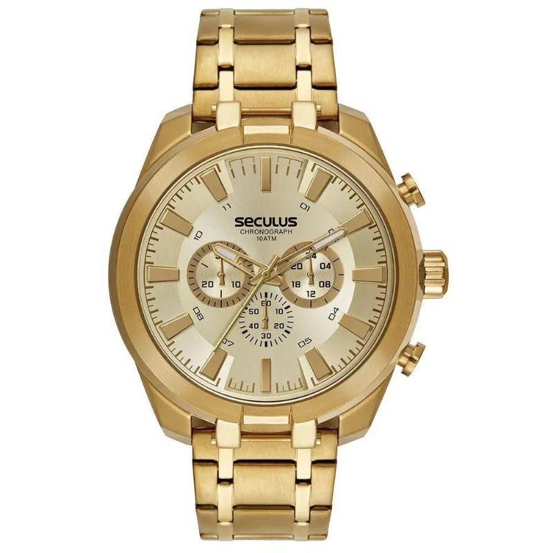 Relógio Masculino Aro 3d Dourado Cronógrafo em Aço Inox com Fecho Séculus
