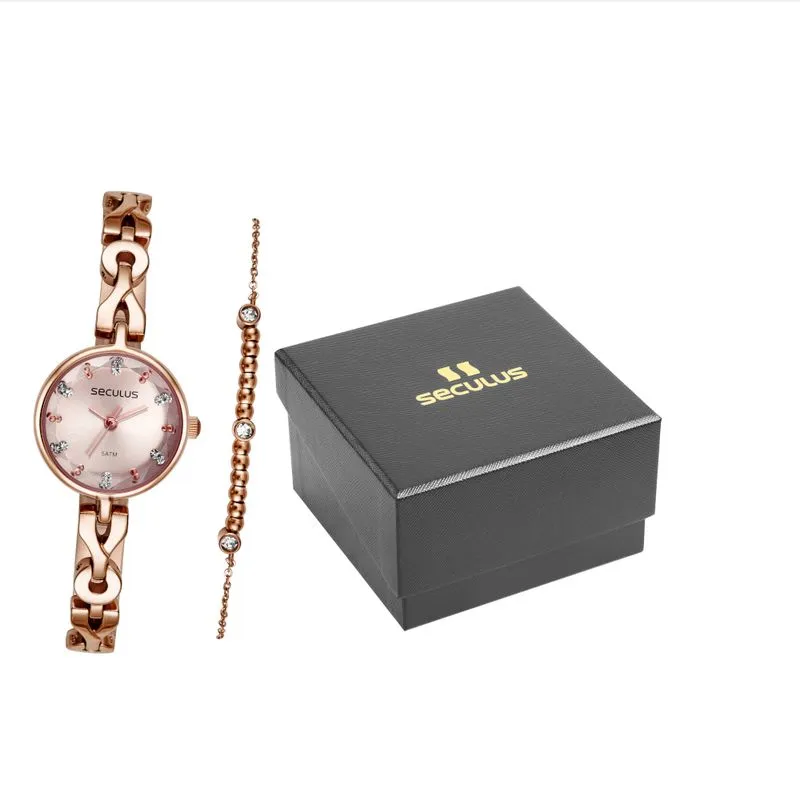 Kit Relógio Feminino Vintage Rosé Com Pulseira Cristais