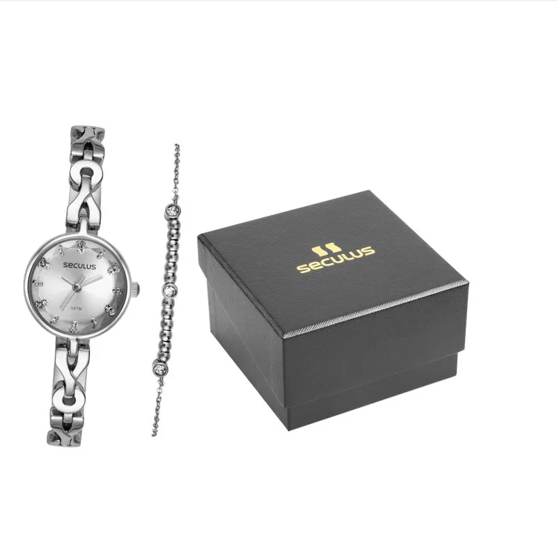 Kit Relógio Feminino Vintage Prata Com Pulseira Cristais