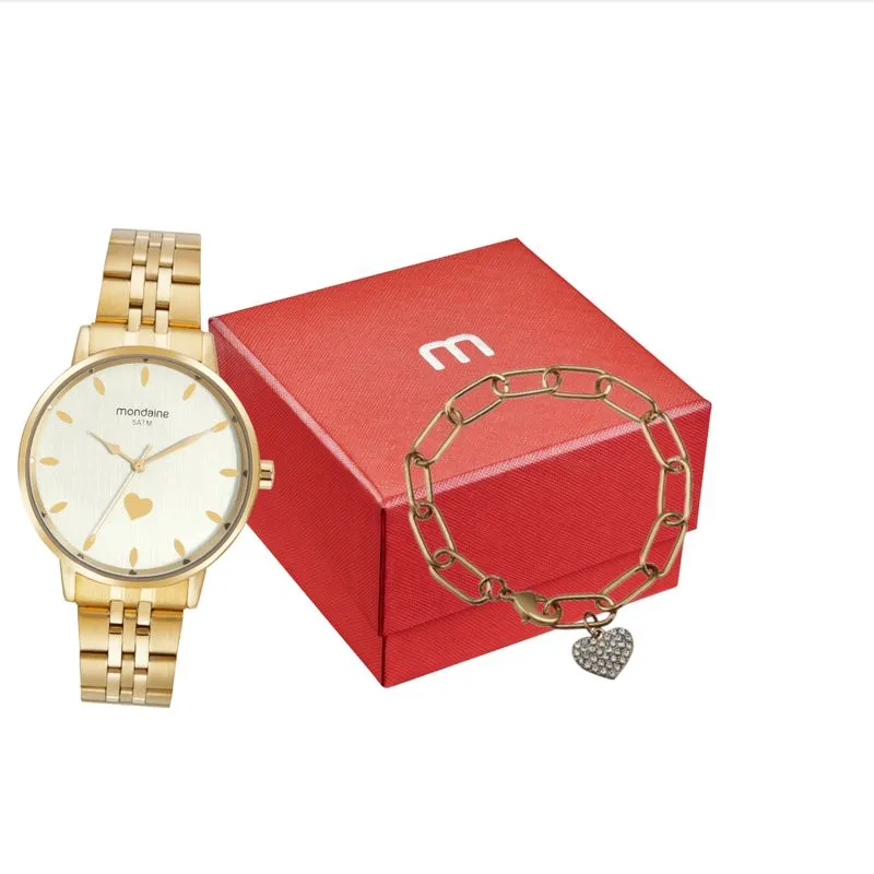 Kit Relógio Feminino Dourado com Pulseira de Coração