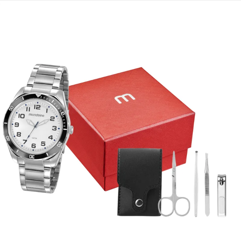 Kit Relógio Masculino Casual Prata com Acessórios Manicure