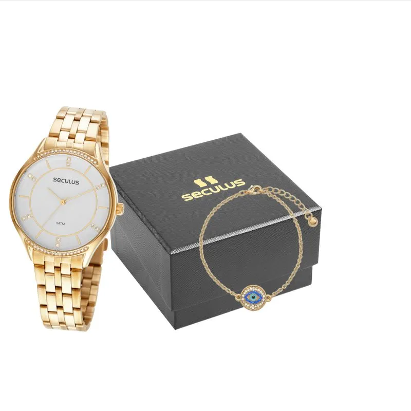 Kit Relógio Feminino Dourado Com Pulseira Olho Grego
