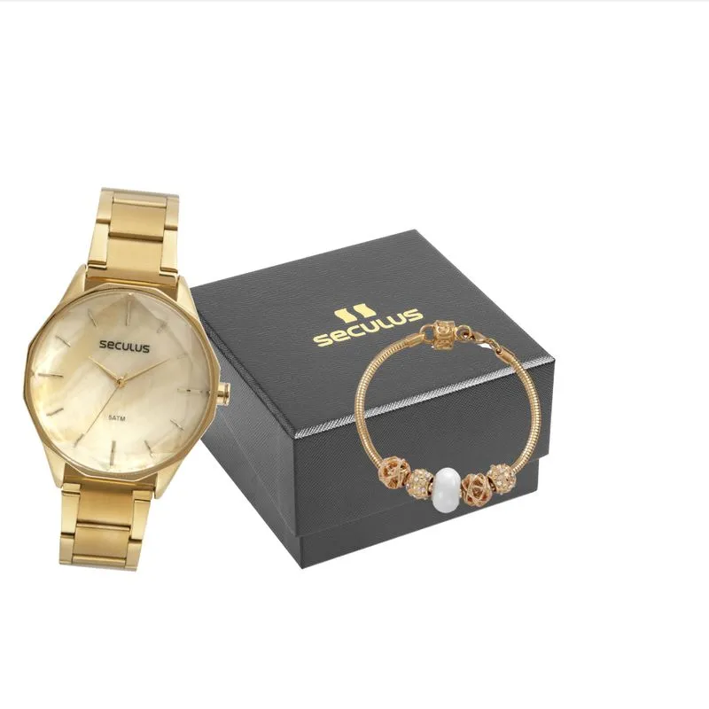 Kit Relógio Feminino Dourado Vidro Facetado Com Pulseira