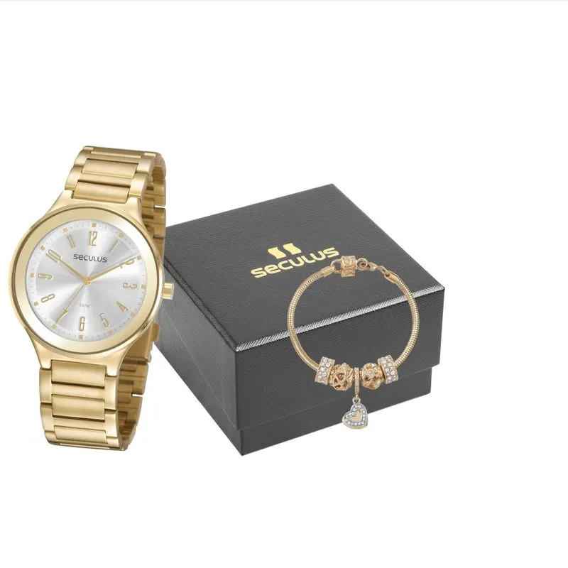 Kit Relógio Feminino Casual Dourado Com Pulseira Berloques