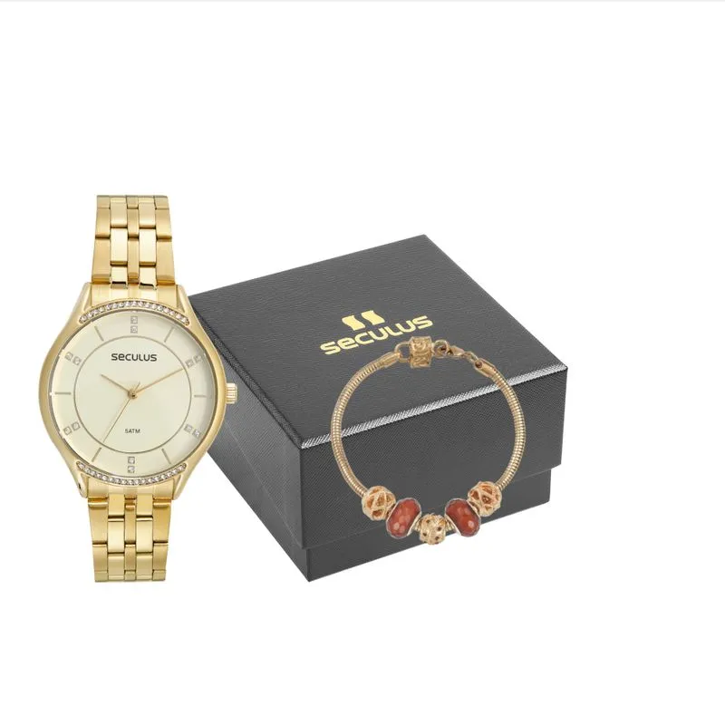 Kit Relógio Feminino Cristais Dourado Com Pulseira Berloques