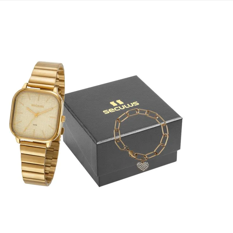 Kit Relógio Feminino Quadrado Dourado Com Pulseira Corrente