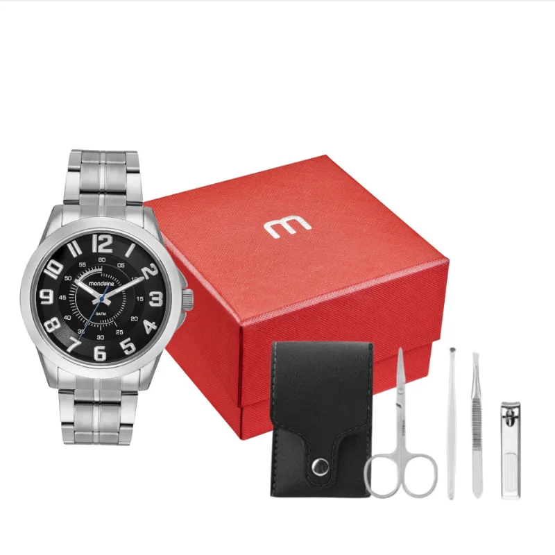 Kit Relógio Masculino Prata com Acessórios Manicure