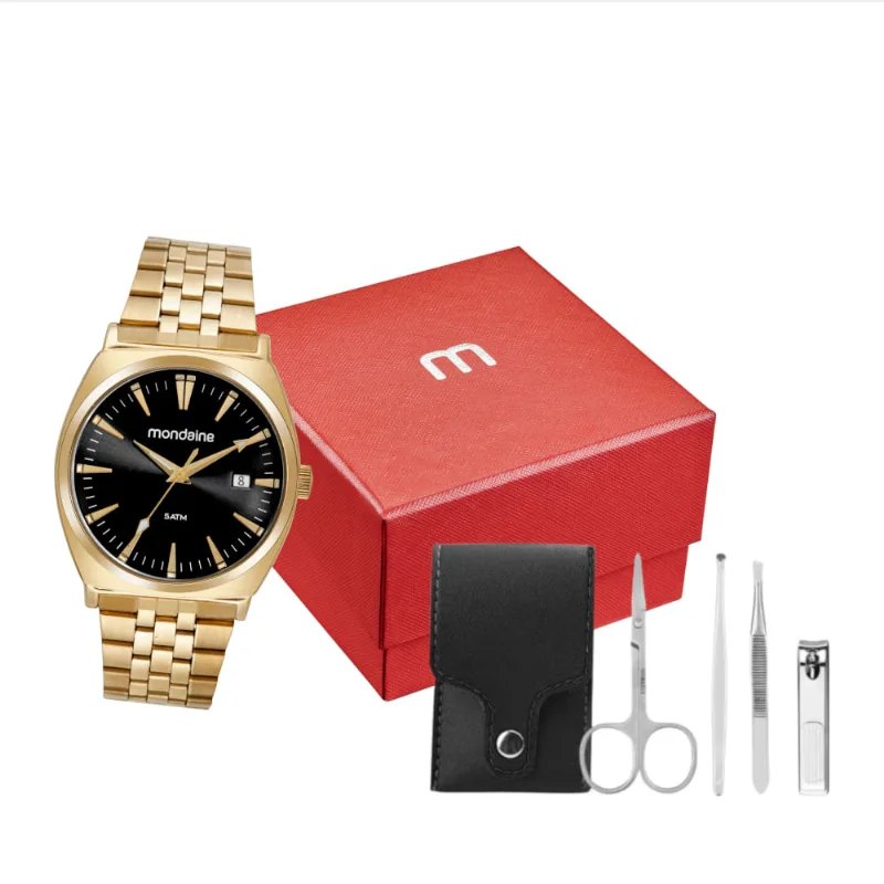Kit Relógio Masculino Dourado Com Acessórios Manicure