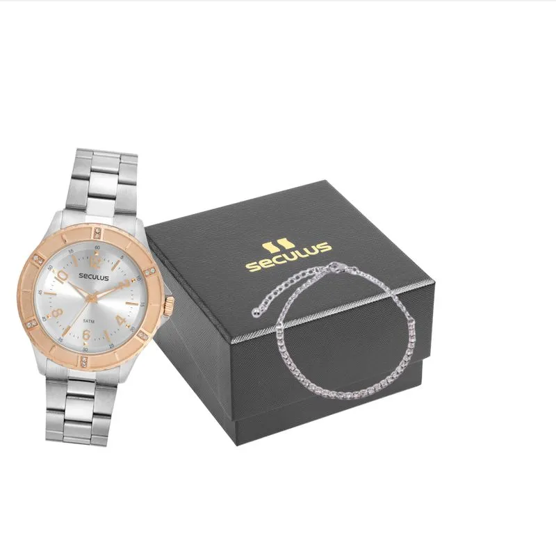 Kit Relógio Feminino Casual Prata com Pulseira