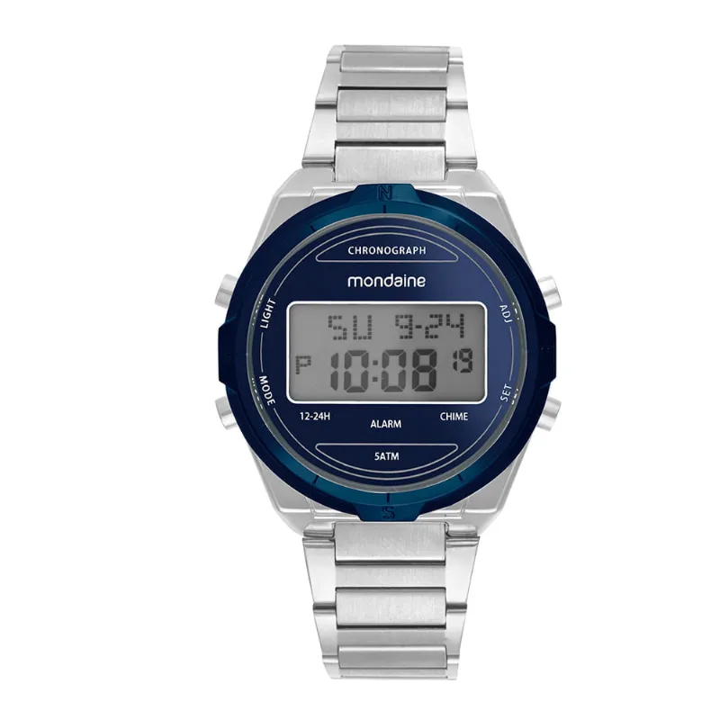 Relógio Masculino Digital Casual Prata e Azul