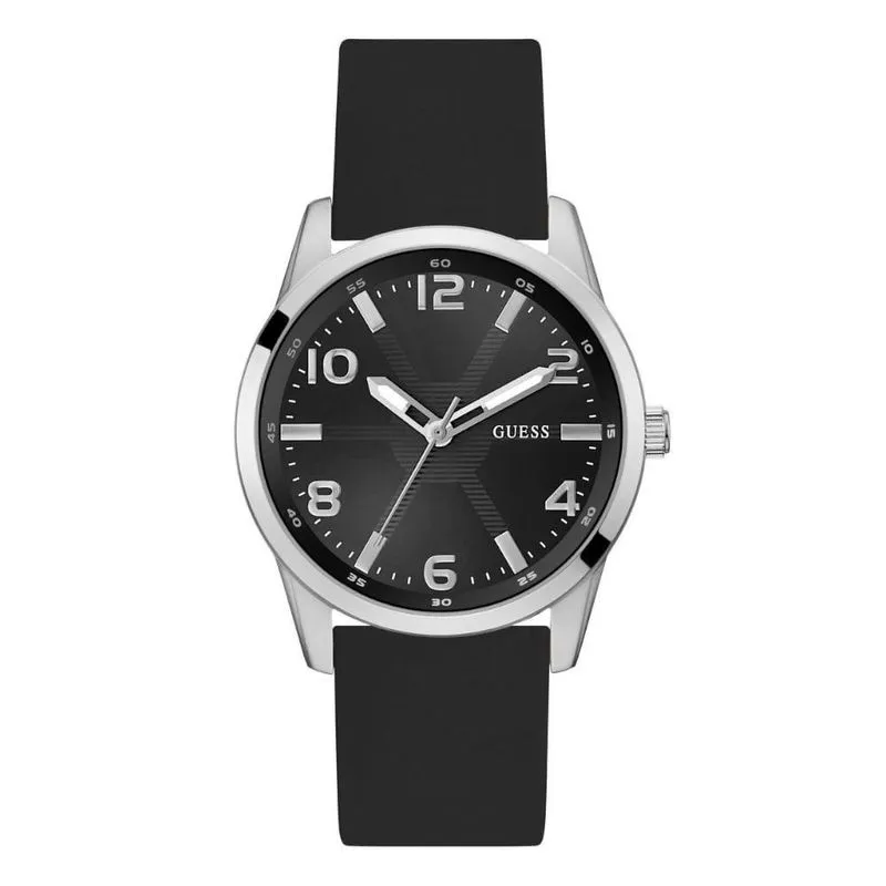 Relógio Masculino Detalhe Pneu Analógico Silicone Preto Mostrador Prata Guess