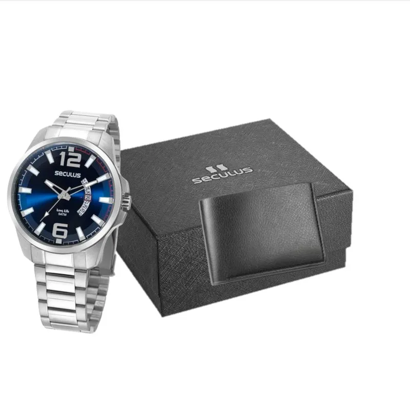 Kit Relógio Masculino Calendário Prata Com Carteira
