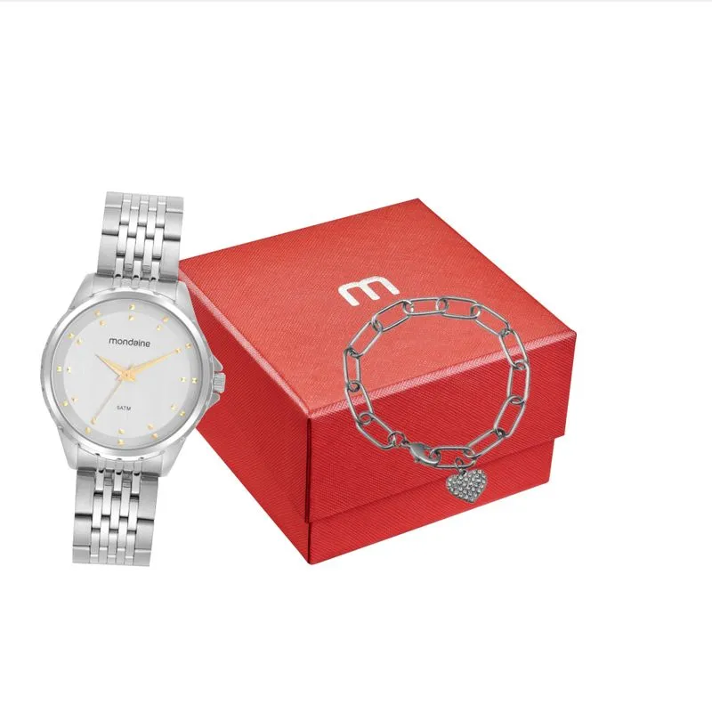 Kit Relógio Feminino Moderno Prata com Pulseira Coração