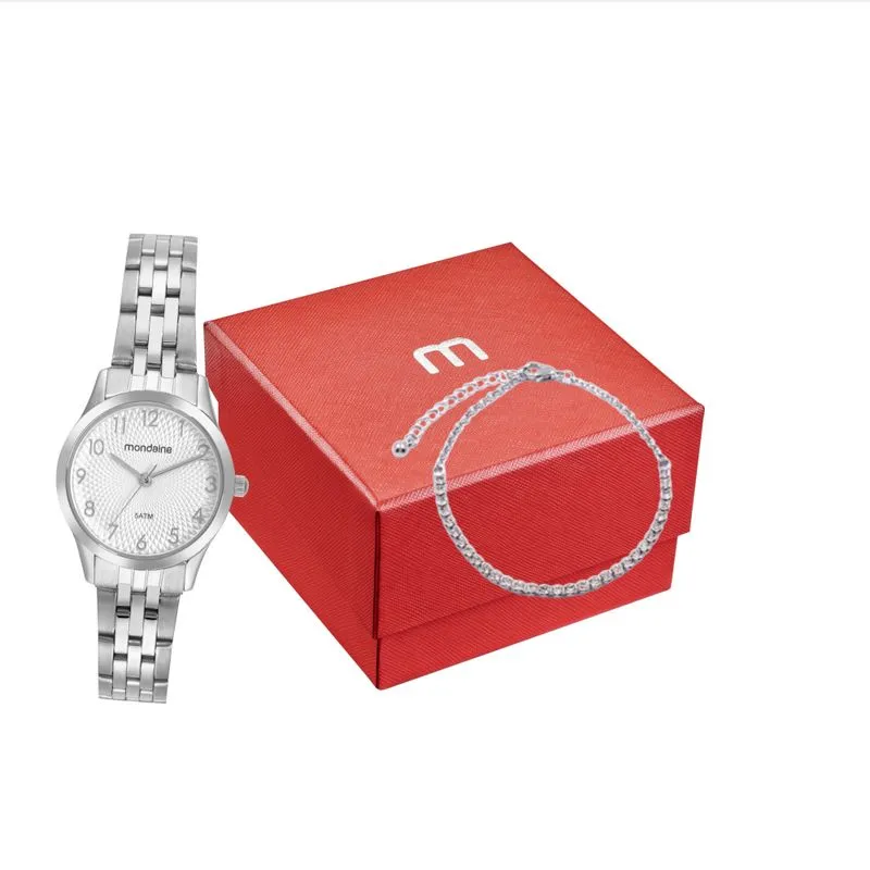 Kit Relógio Feminino Casual Prata com Pulseira Cristais