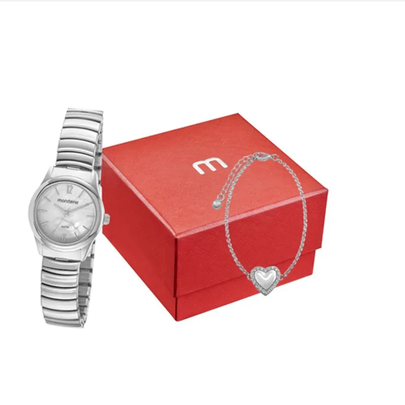 Kit Relógio Feminino Madrepérola Prata com Pulseira Coração