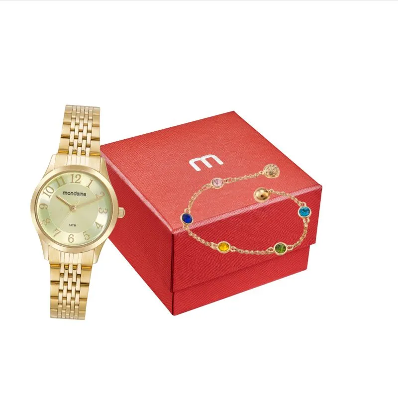 Kit Relógio Feminino Clássico Dourado com Pulseira