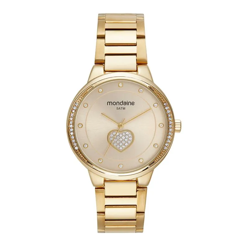 Relógio Feminino Coração Cristais Dourado
