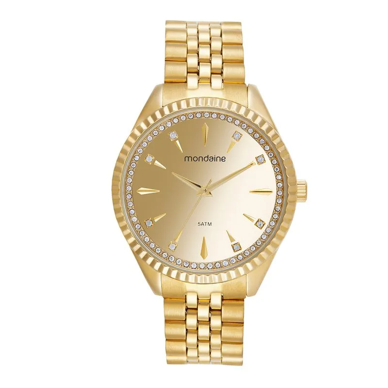 Relógio Feminino Cristais Mostrador Metálico Dourado