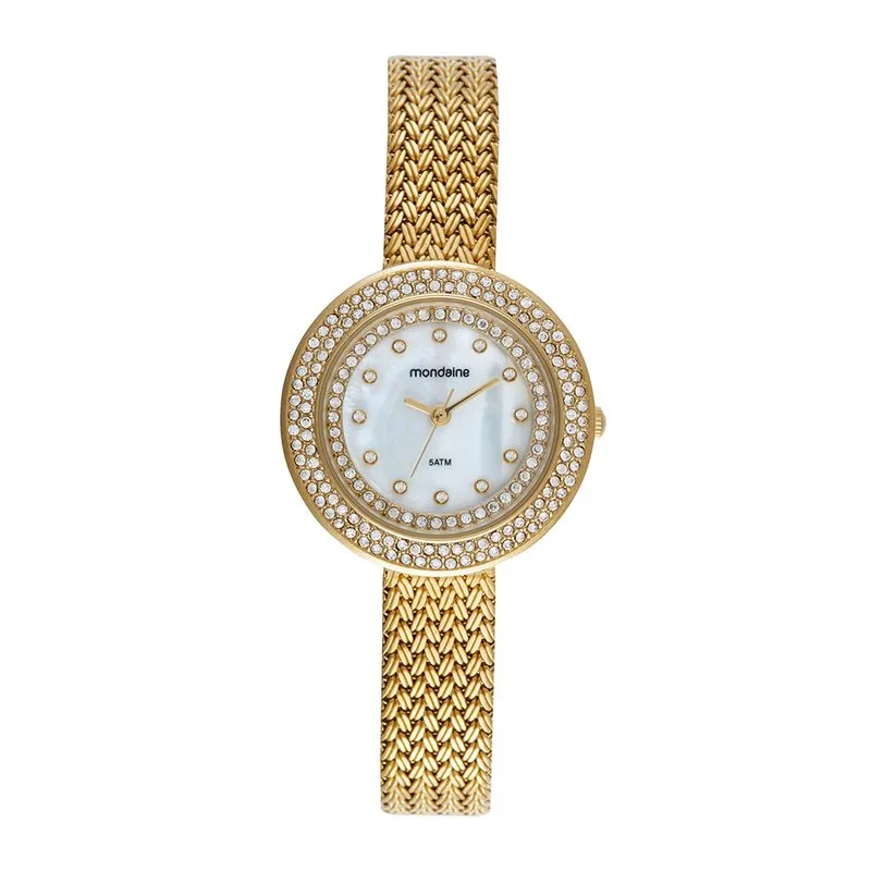 Relógio Feminino Cristais Madrepérola Malha de Aço Dourado