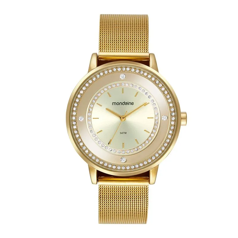 Relógio Feminino Cristais Malha de Aço Dourado