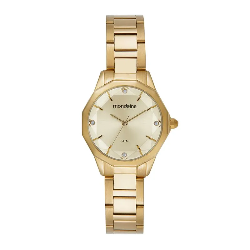 Relógio Feminino Vidro Facetado Dourado