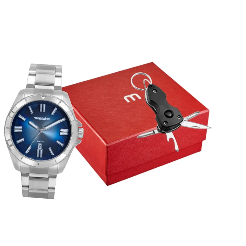 Kit Relógio Masculino Prata Com Chaveiro Multifunção