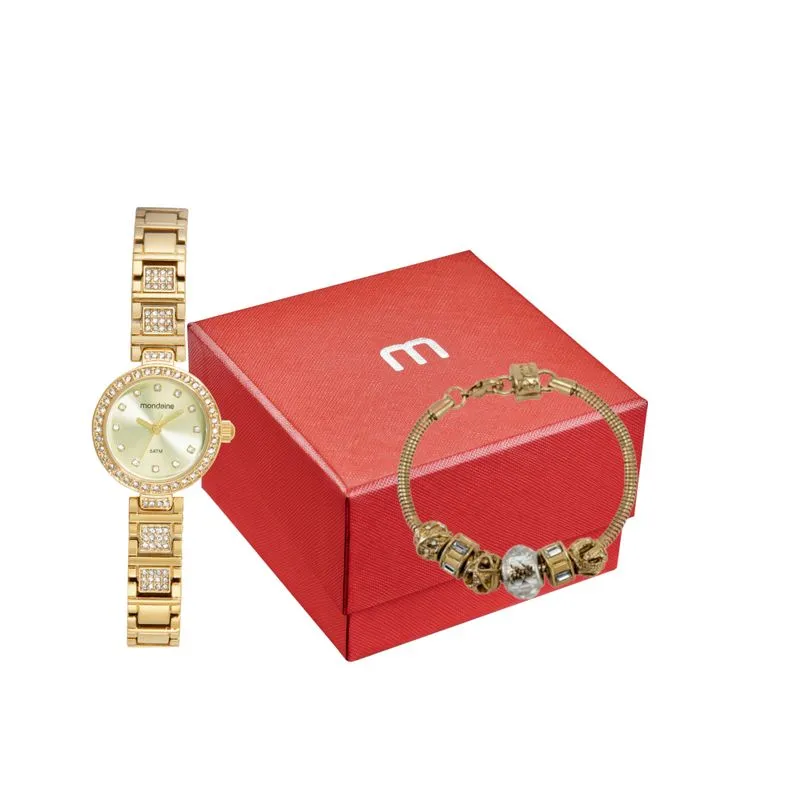 Kit Relógio Feminino Cristais Dourado Com Pulseira de Berloques