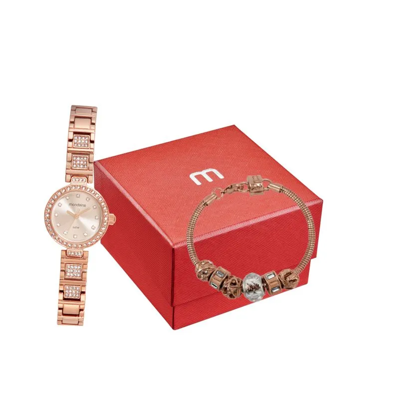 Kit Relógio Feminino Cristais Rosé Com Pulseira de Berloques