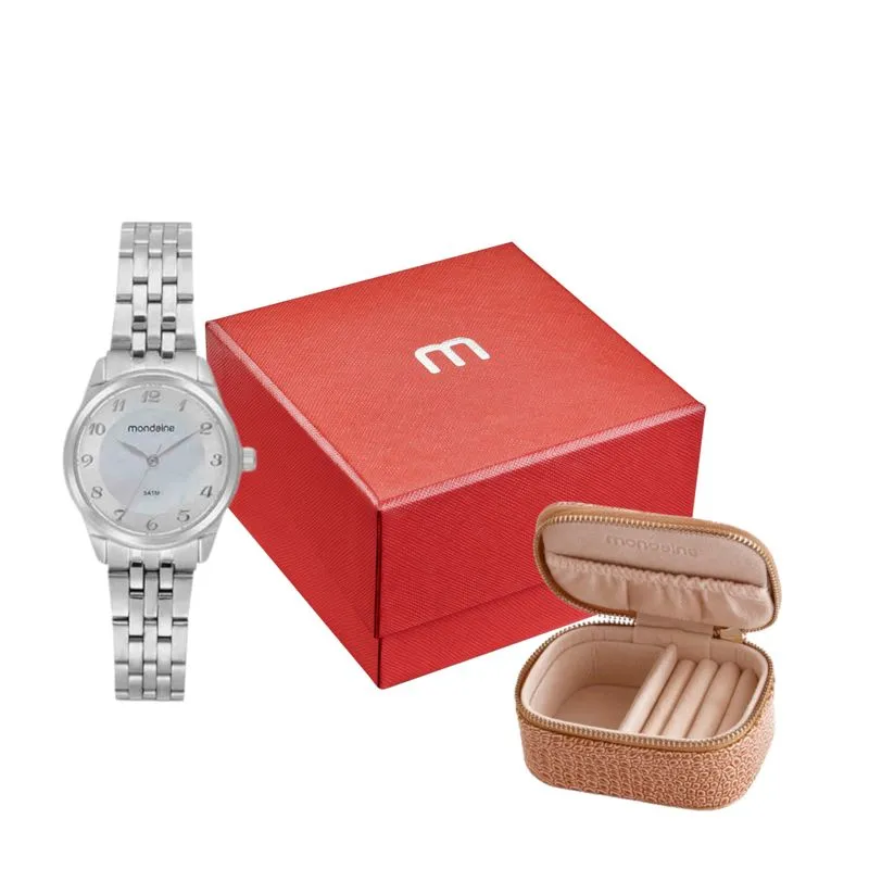 Kit Relógio Feminino Madrepérola Prata com Porta Jóias