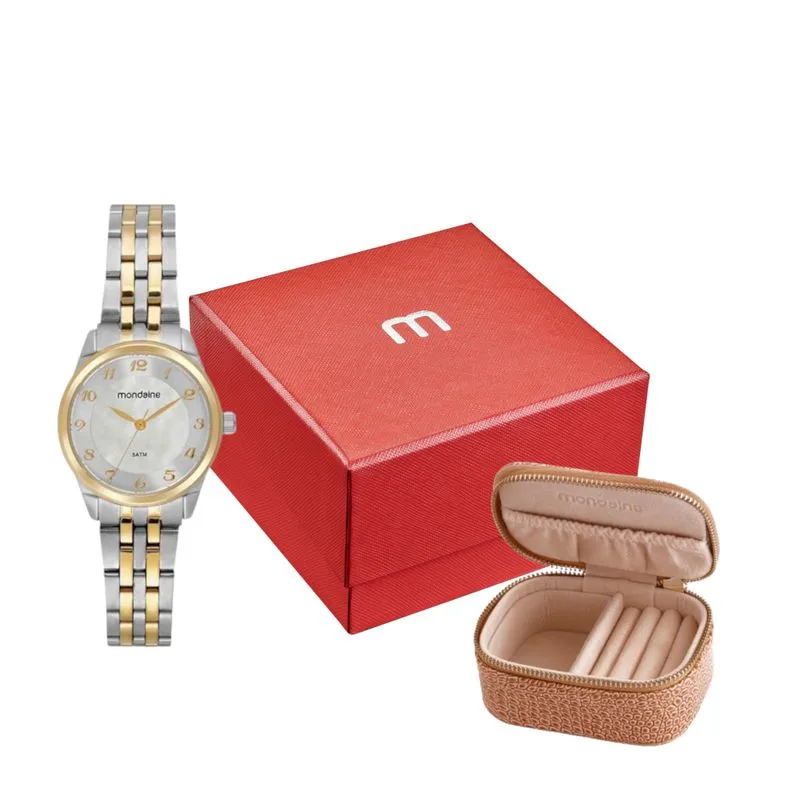 Kit Relógio Feminino Madrepérola Bicolor com Porta Jóias