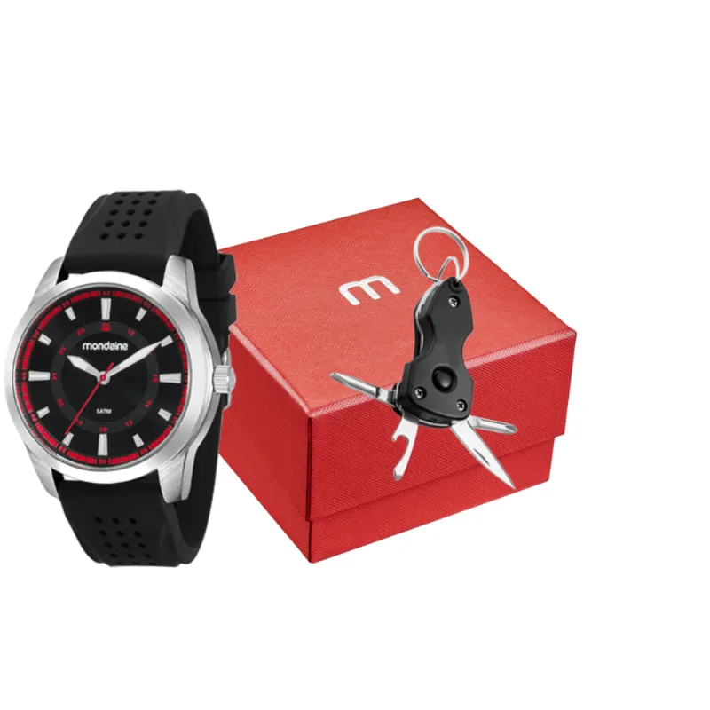 Kit Relógio Masculino Esportivo Silicone Prata Com Chaveiro Multiuso