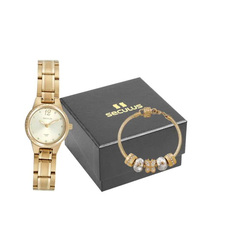 Kit Relógio Feminino Analógico com Berloques Dourado