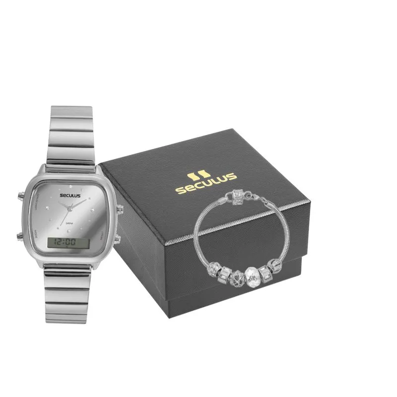 Kit Relógio Feminino Digital Vintage Prata Com Pulseira Berloques