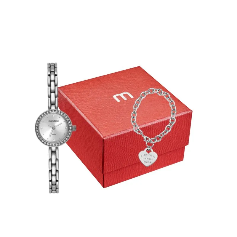 Kit Relógio Feminino Prata Com Pulseira de Coração