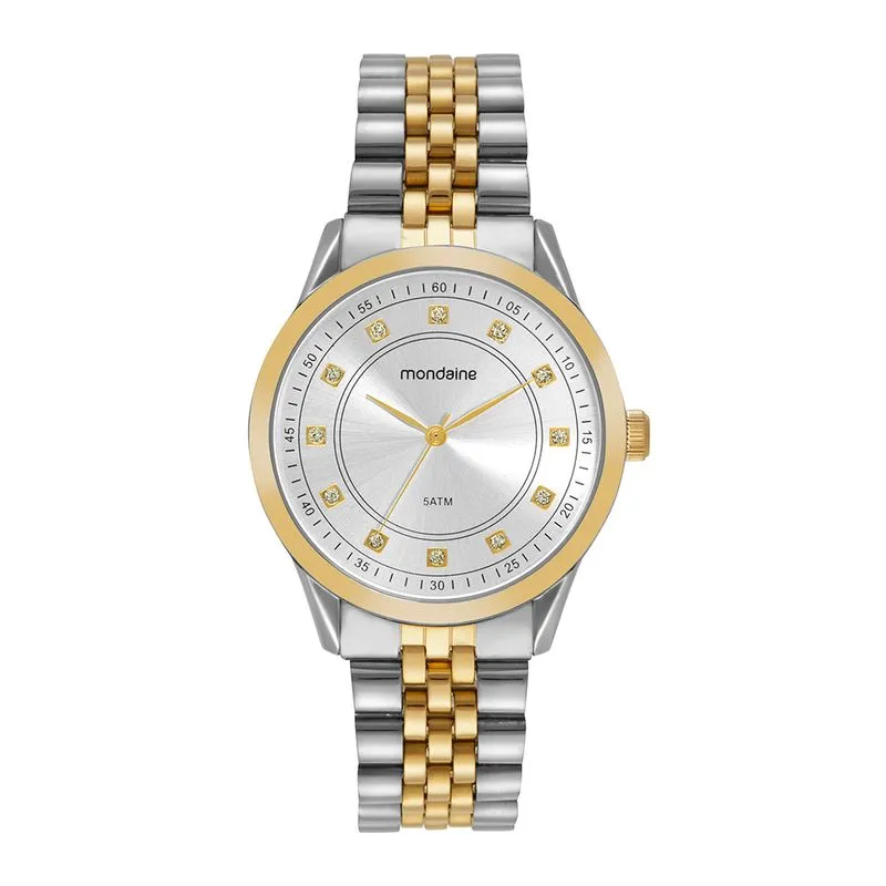 Relógio Feminino Cristais Mostrador Metálico Prata e Dourado