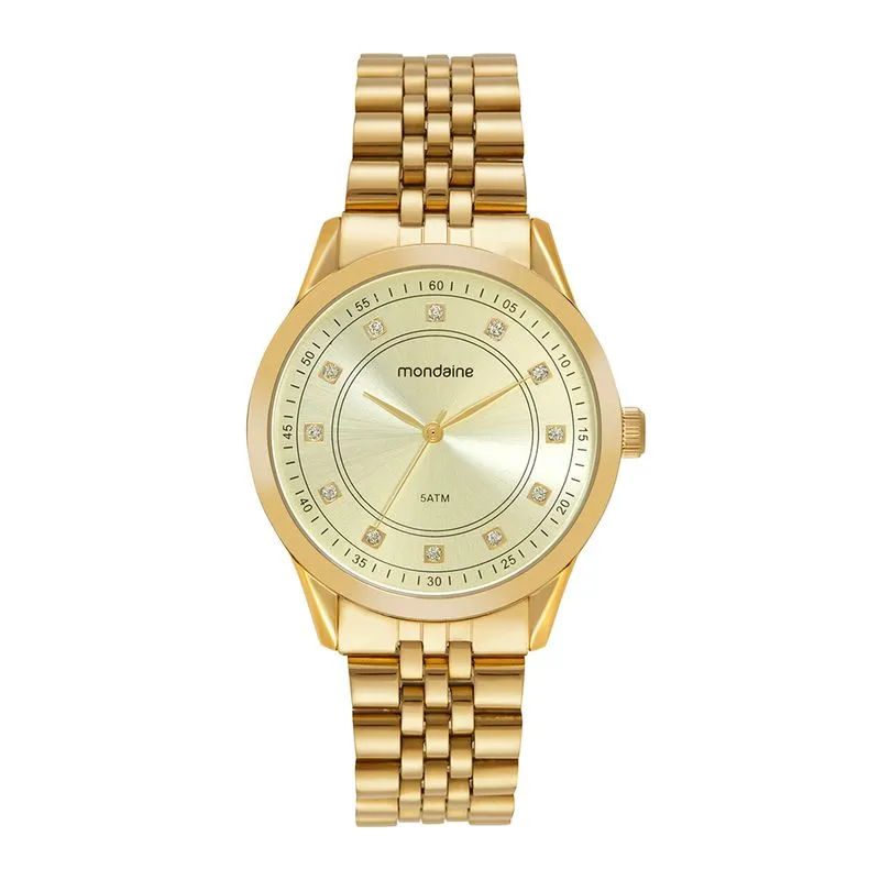 Relógio Feminino Cristais Mostrador Metálico Dourado