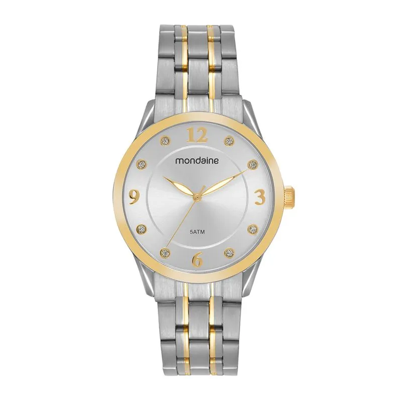 Relógio Feminino Marcadores Glitter Prata e Dourado