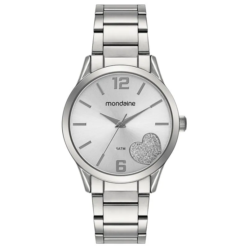 Relógio Feminino Coração Glitter Prata