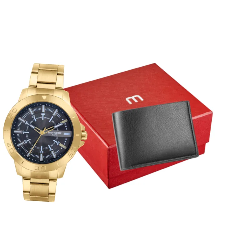 Kit Relógio Dourado Com Carteira Masculina