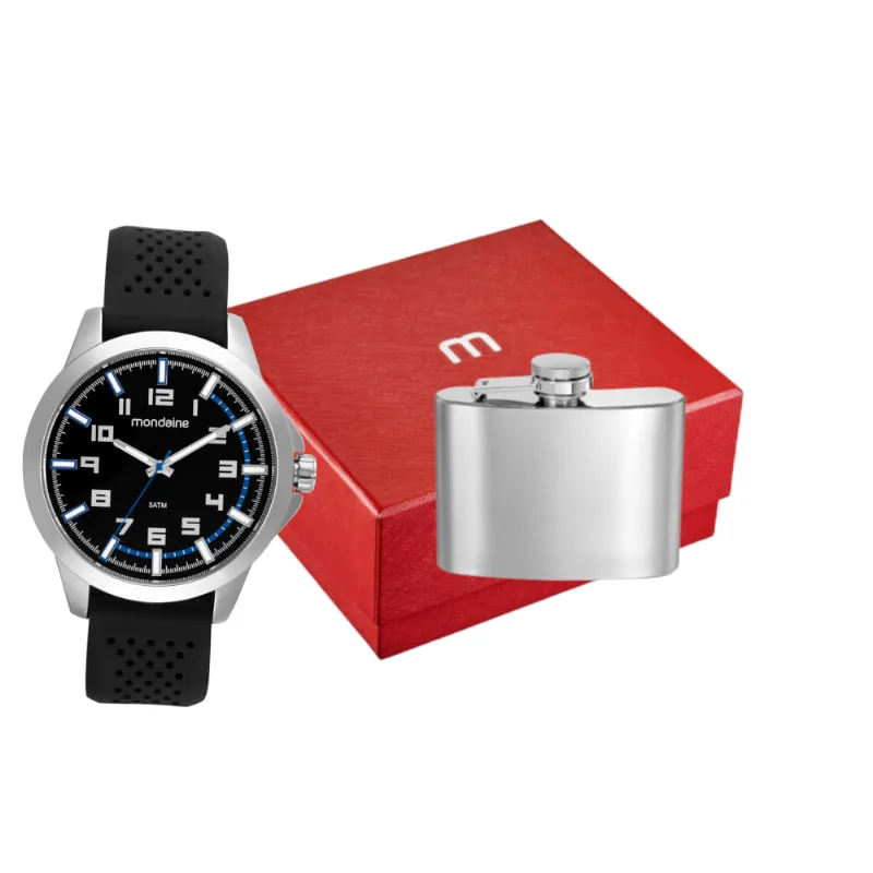 Kit Relógio Masculino Prata Com Pulseira de Silicone e Cantil